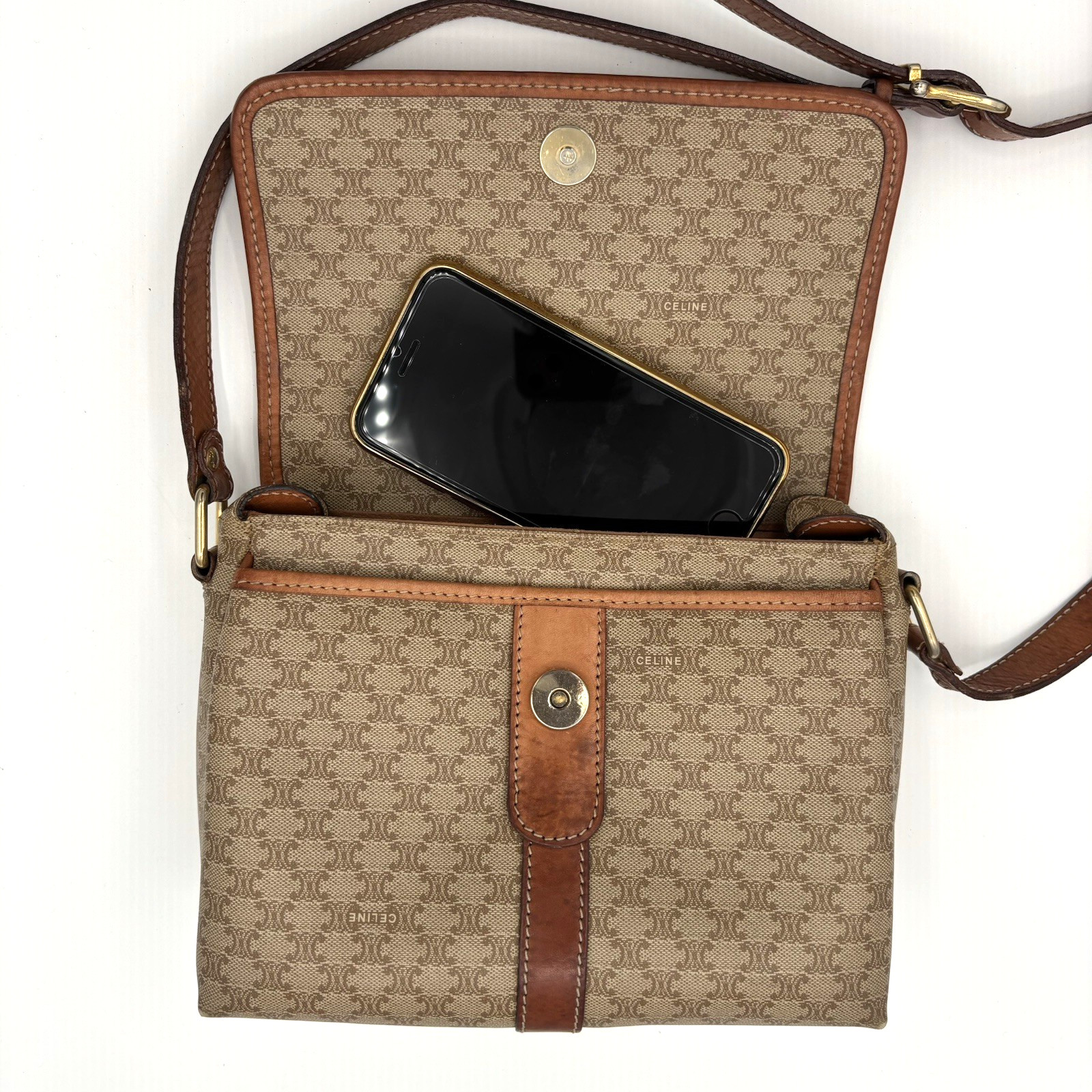 CELINE Macadam Canvas Shoulder Bag PVC Beige Gold Authentic 0046