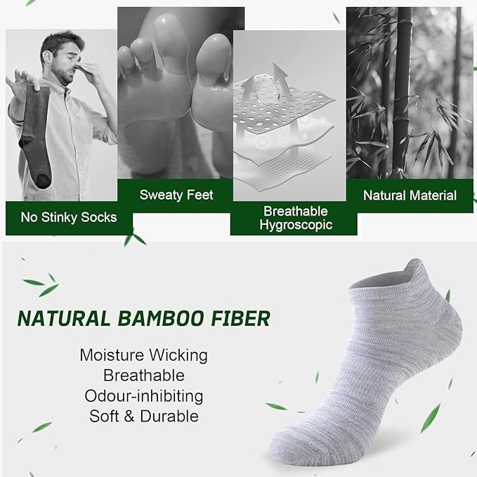 Mens Bamboo Ankle Socks with Heel Tab Low Cut Thin Athletic Performance 6 pairs