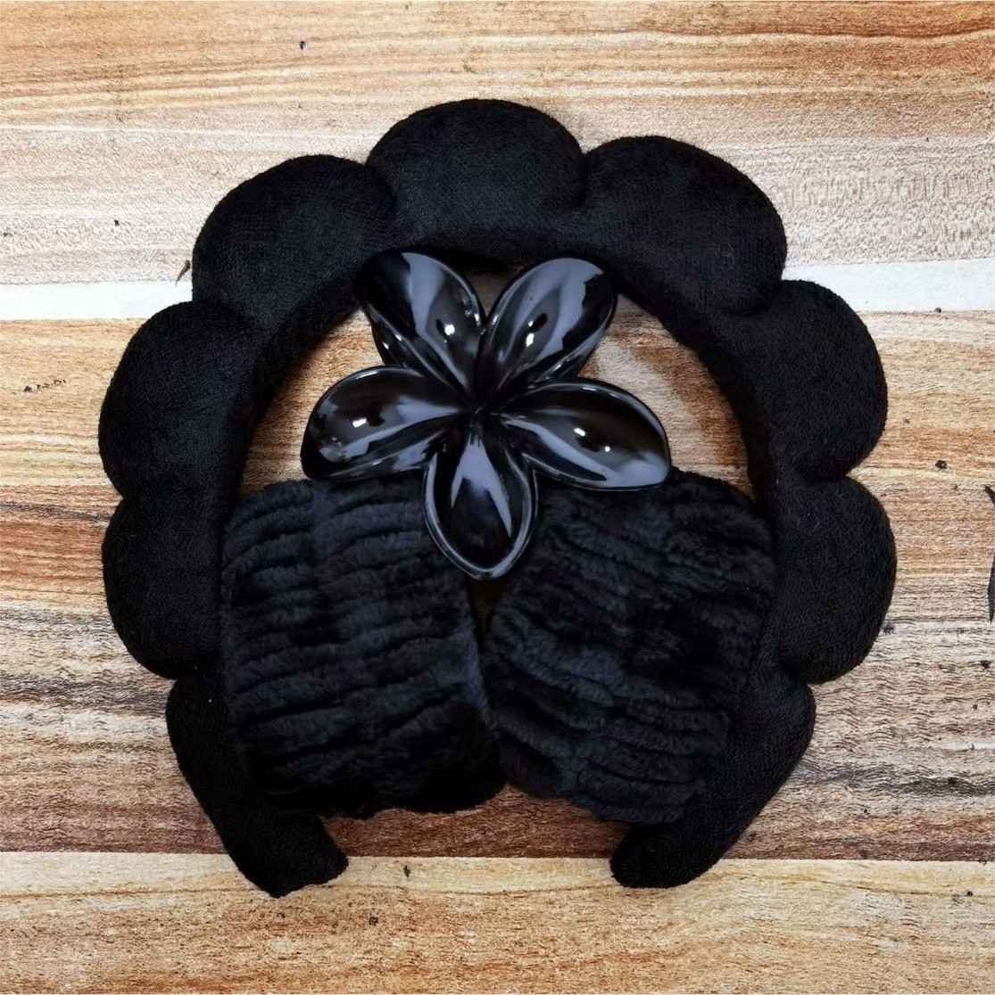 Black Plastic & Fabric Hair Clip with Padded Flower Accent, Solid Pattern Women