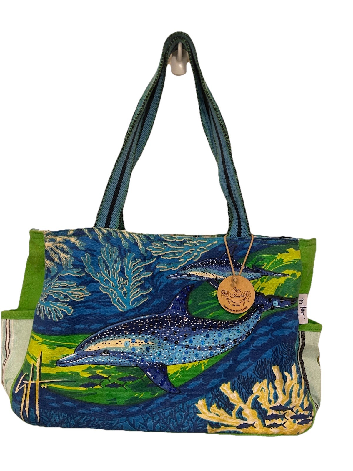 Guy Harvey Graphic Dolphin Blue Green Medium Tote Bag Vacation Resort