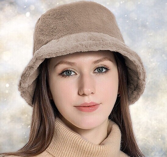 Soft Women Plush Cute Winter Bucket Hat Wide Brim Fluffy Fisherman Faux Fur Cap