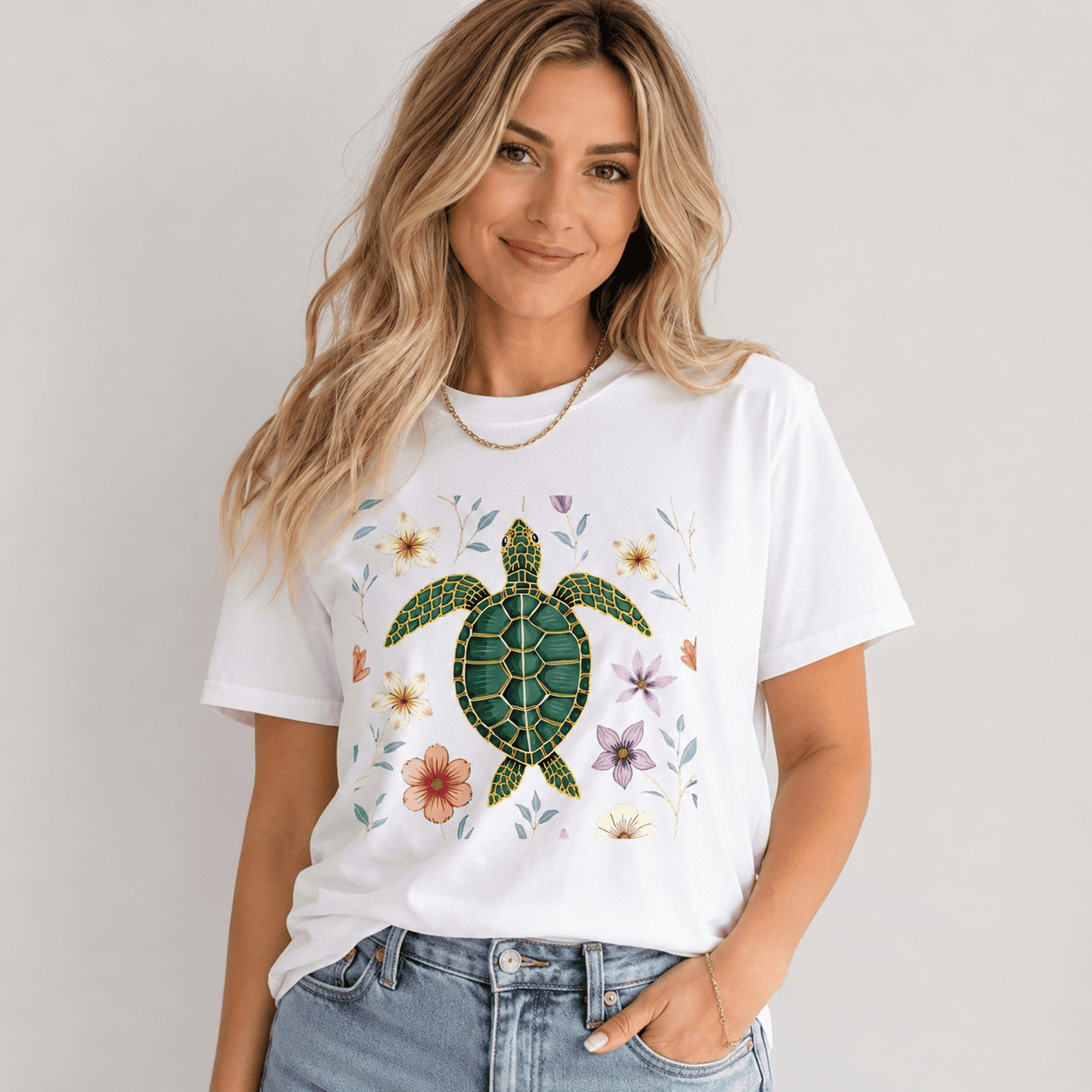 Women‘s Sea Turtle Floral Graphic T-Shirt Beach Summer Casual Tee