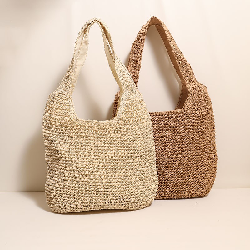 Women Simple Solid Color Large Capacity Straw Shoulder Tote Bag For Vacation