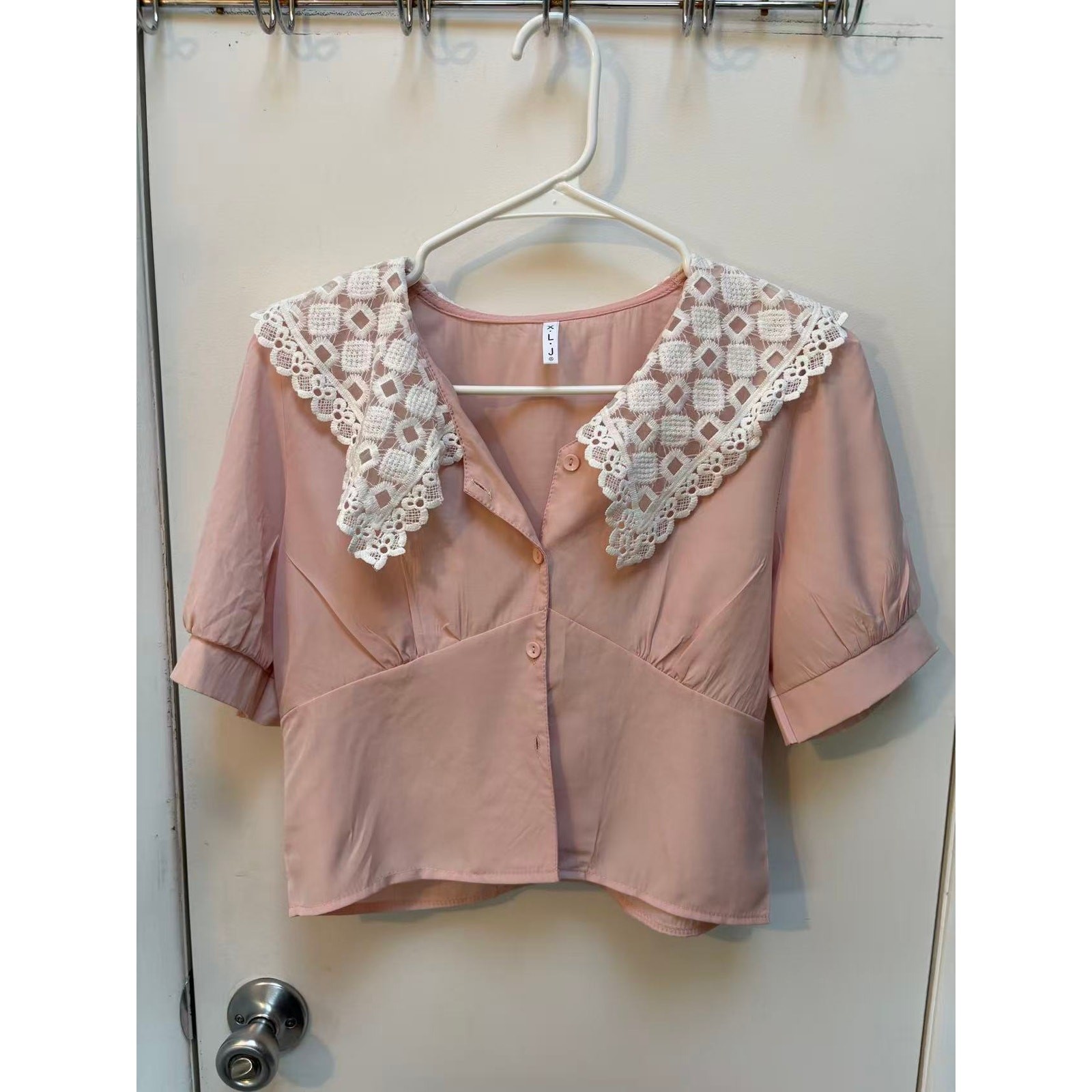 Pink Lace Peter Pan Collar Cropped Blouse Coquette Cottagecore Vintage Top XS