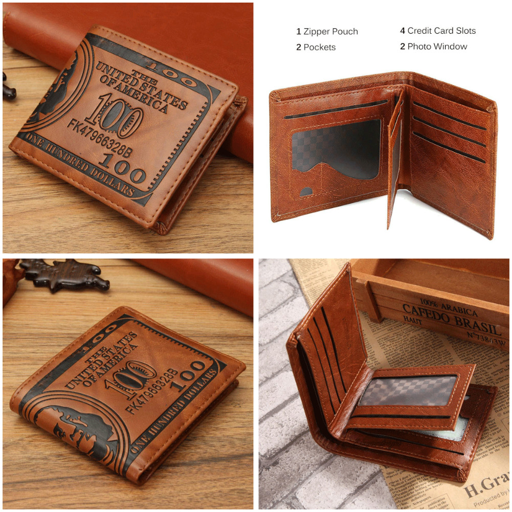 Men’s 100 Dollar Pattern Bifold Wallet Cash Coin Bank Card Pu Leather Wallet