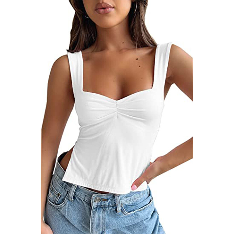 Women Sexy Low Cut Pleated Chest Camisole Crop Tank Top Sweetheart Slits Shirt
