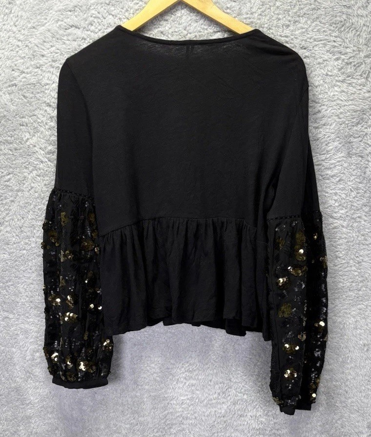 Anthropologie Womens Medium Black Sequin Embellished Peplum Top Balloon Sleeve