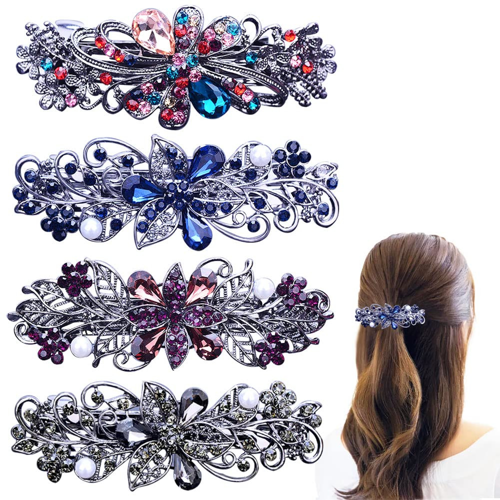 4 PCS Hair Barrettes Rhinestones Clip Sparkly Crystal Floral Accessory for Women