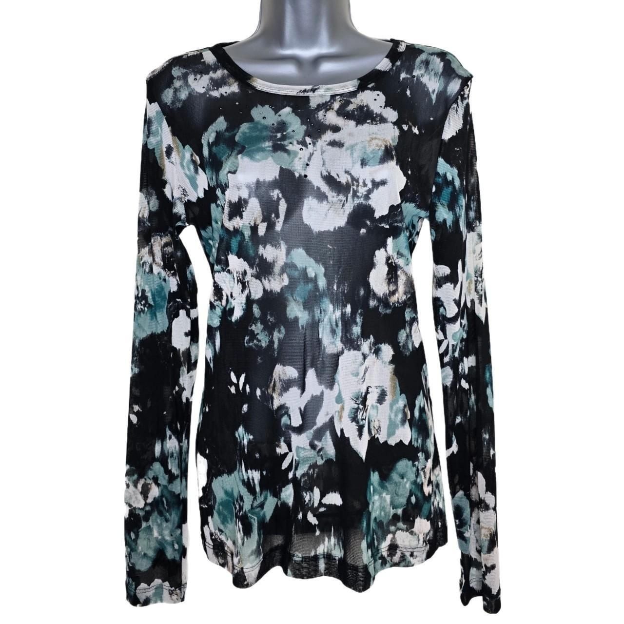 Karen Kane Abstract Floral Sheer Mesh Rhinestone Accent Top
