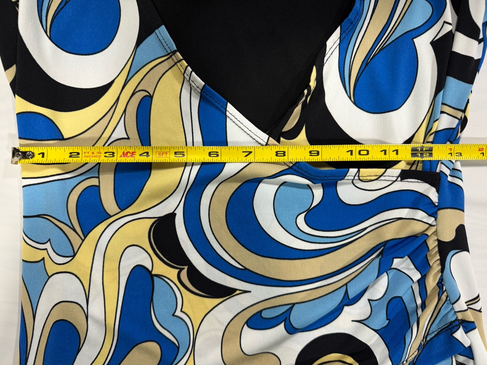 Women’s Abstract Swirl Print Stretch Top Blue Yellow Black 3/4 Sleeve Small
