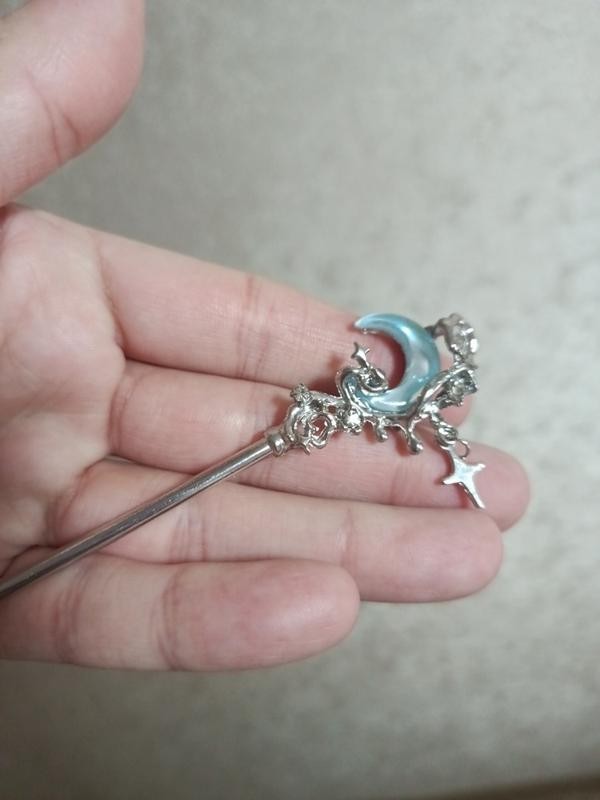 Elegant Silvery & Blue Branching Crescent Moon Chinese Hairpin