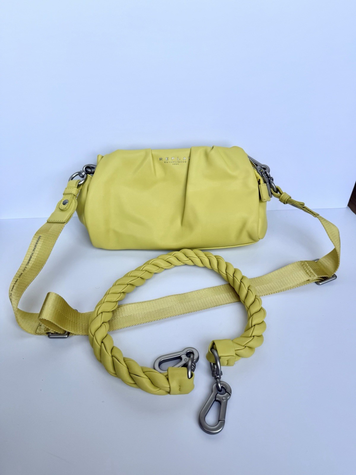 REPLAY Yellow Small Crossbody Bag, Zip Closure, Detachable Braided Strap