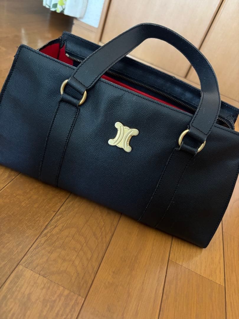 Celine Black Leather Handbag Vintage Gold Hardware Red Lining Auth