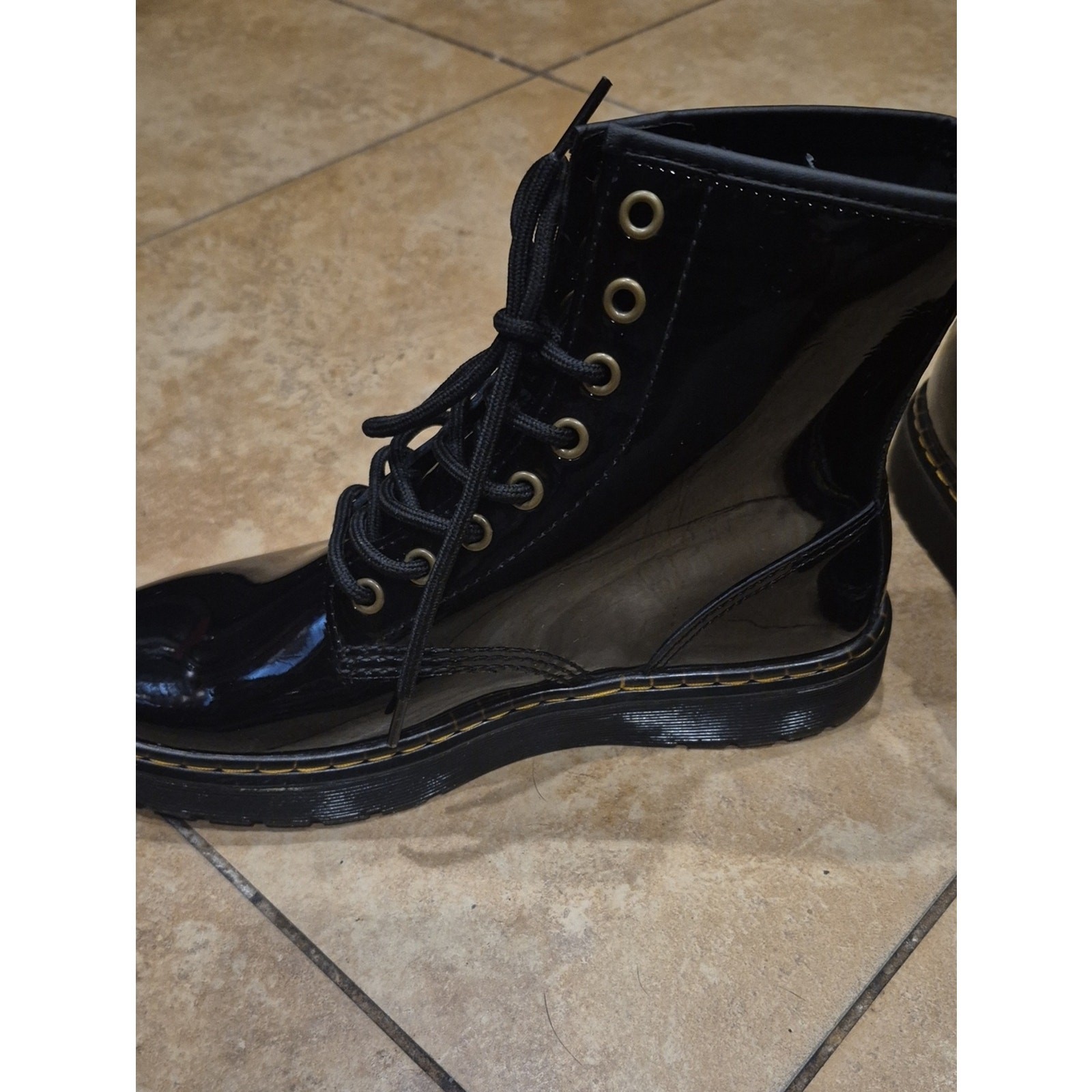 Dr. Martens Black Patent Leather Lace-Up Boots with Yellow Stitching