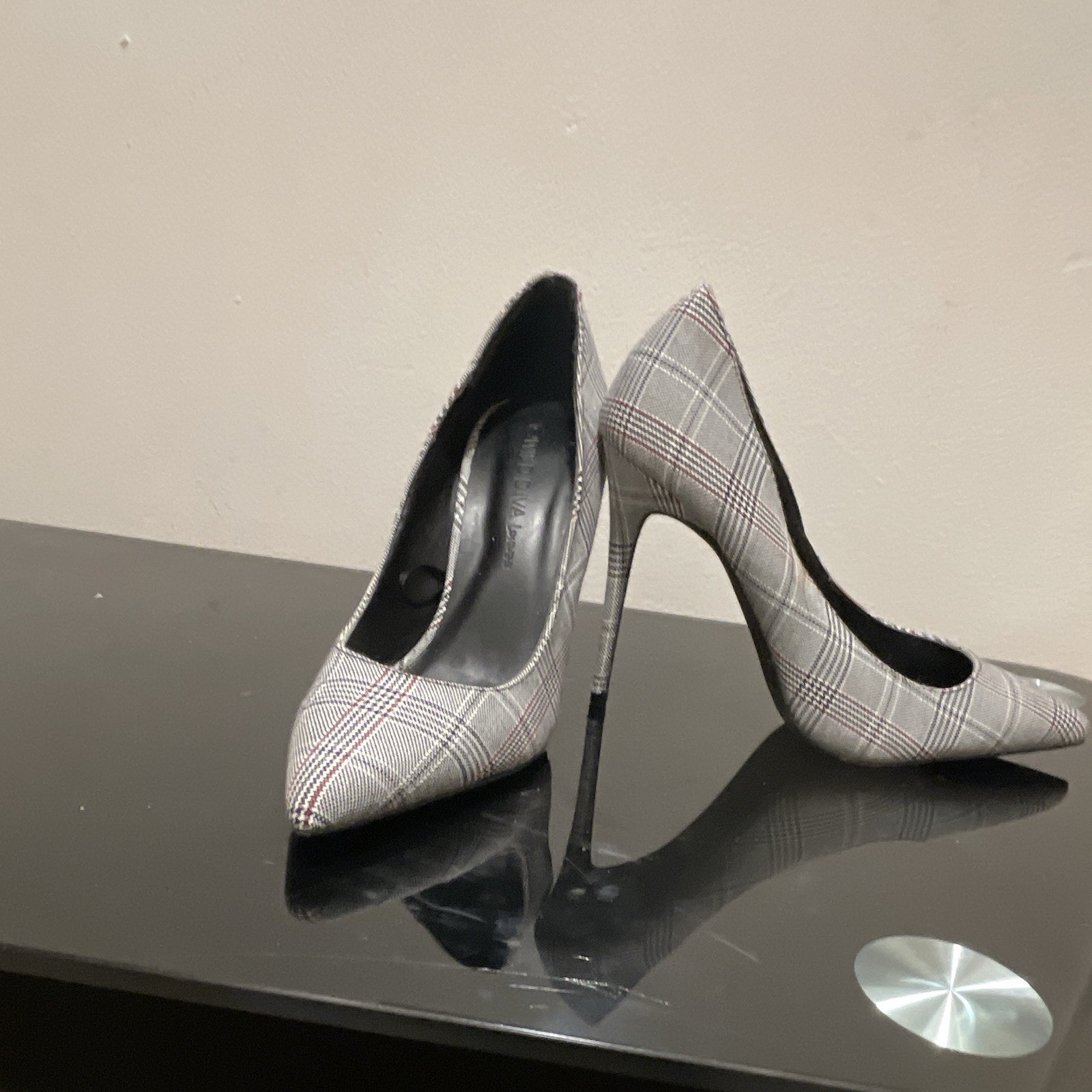 Women’s Plaid Pointed Toe Stiletto Slip-On Pump Heels Gray White Red Black