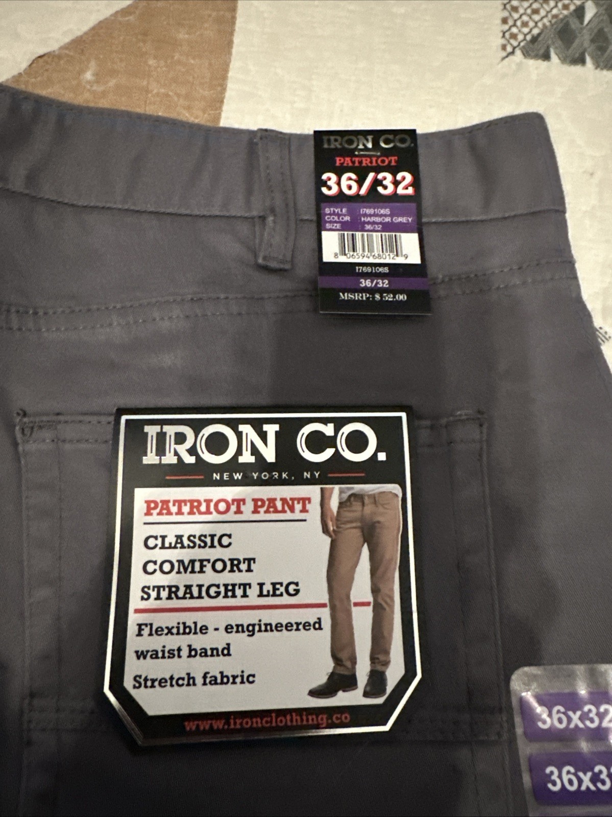 IRON CO MENS CLASSIC STRETCH PATRIOT 5 POCKET PANTS STRAIGHT LEG GRAY 36×32