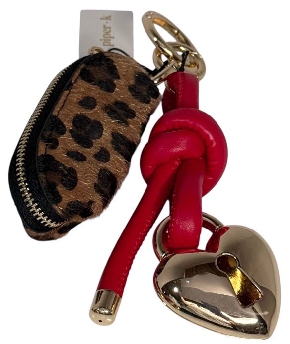 Piper K Leopard Print Mini Coin Purse Handbag Charm Gold Key Ring Heart Red Rope