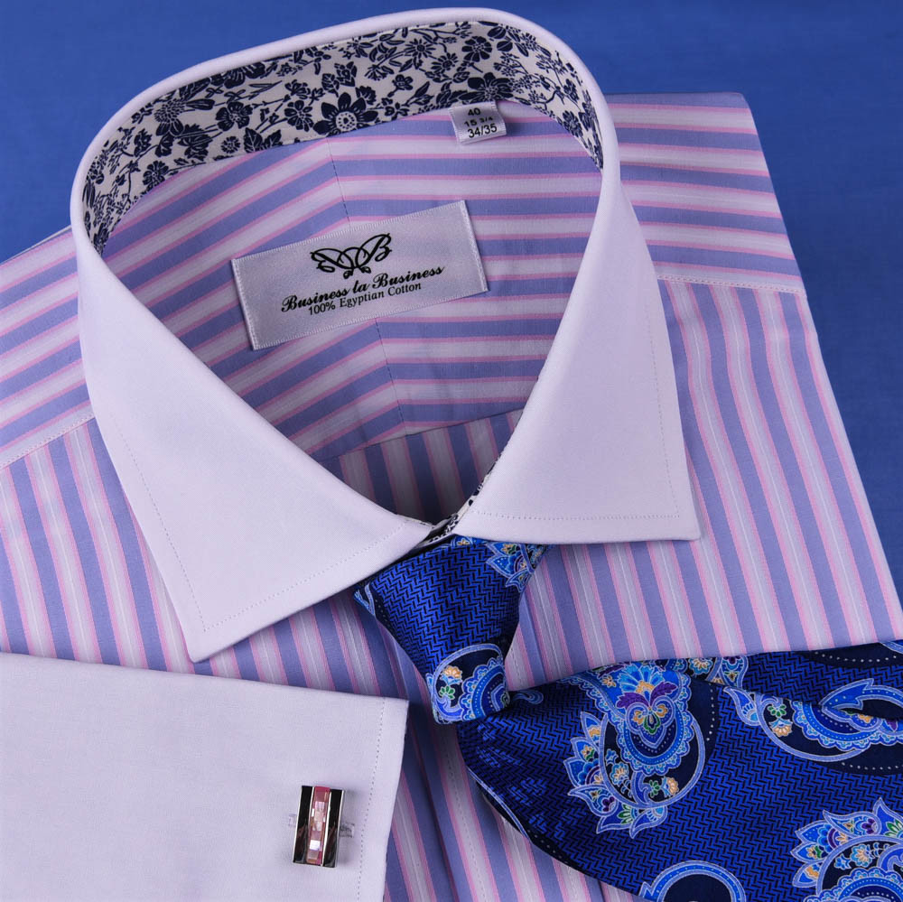 Pastel Multi-Colored Striped Dress Shirt White Poplin Contrast Cuff Business Top