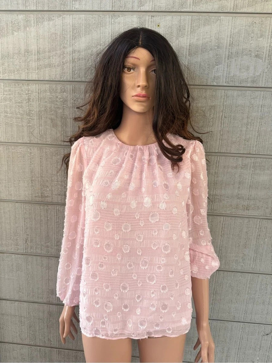 Women’s Pink Dot-Textured Blouse with Gathered Neckline size medium
