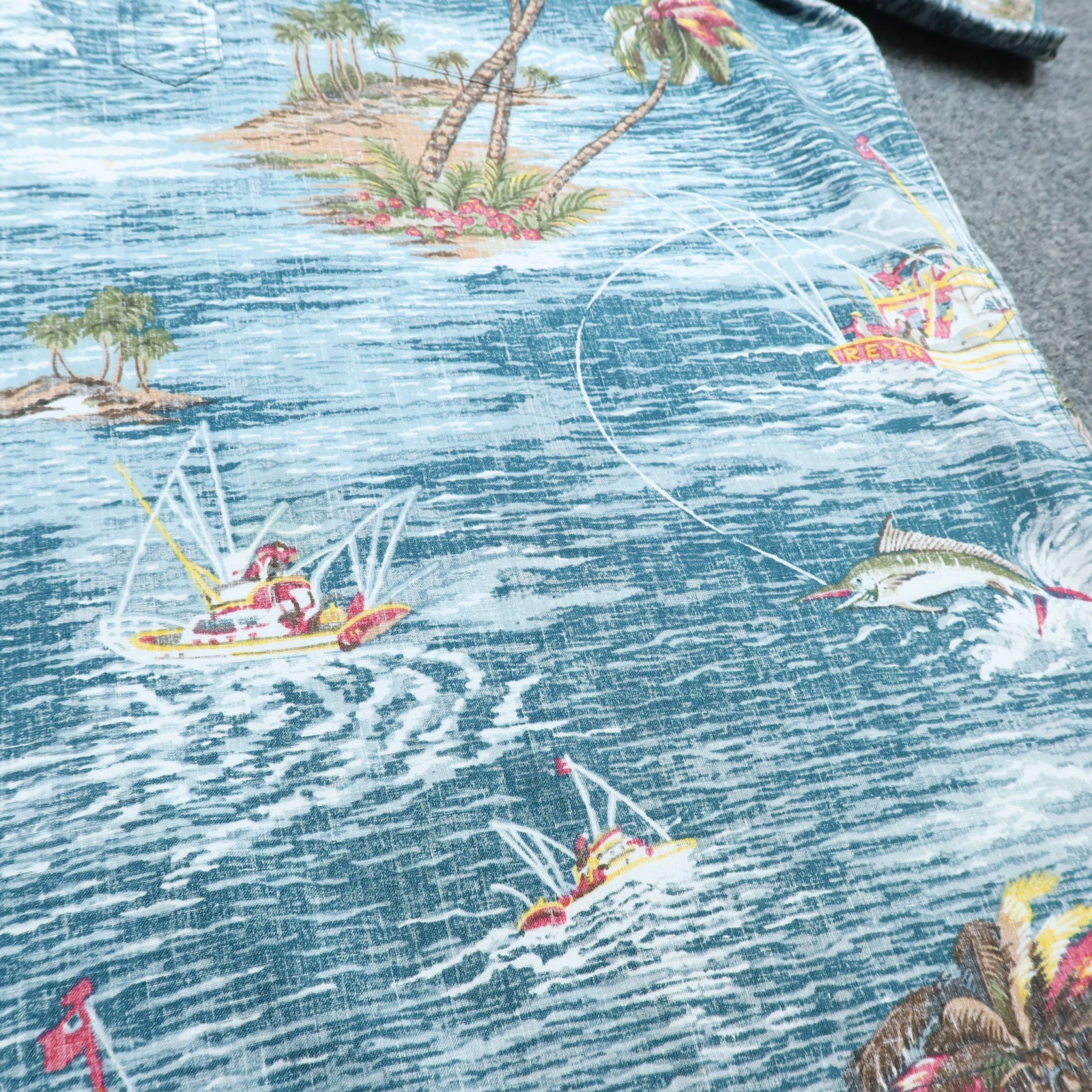 Reyn Spooner Shirt Mens XL Blue Pullover Hawaiian Boats Fishing Short Sleeve