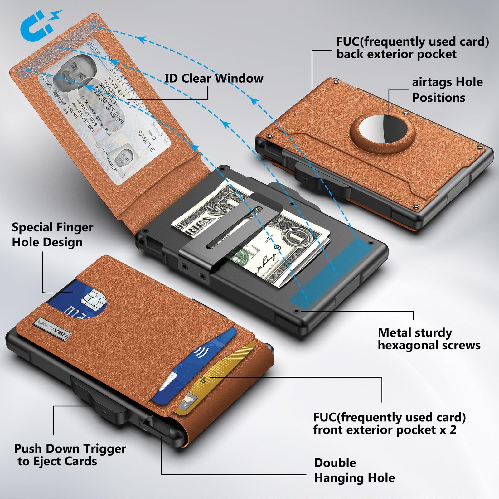 Men’s Airtag Bifold Wallet Slim Pop-Up Premium with Money Clip & RFID Blocking