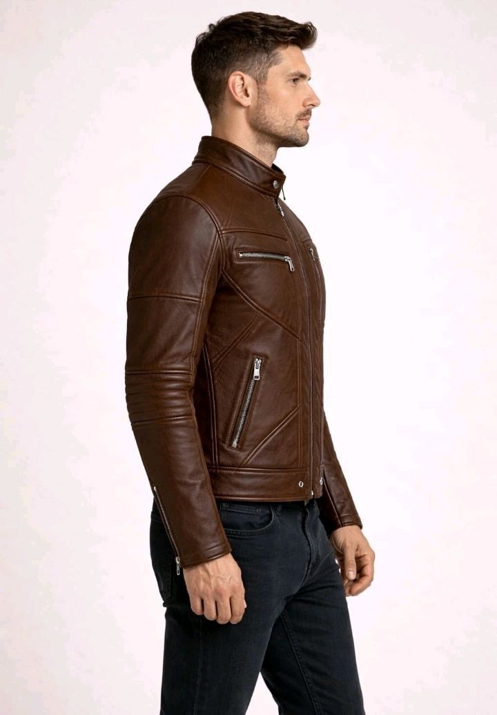 Men’s Brown Leather Jacket Slim Fit Cafe Racer Motorcycle Real Leather Coat