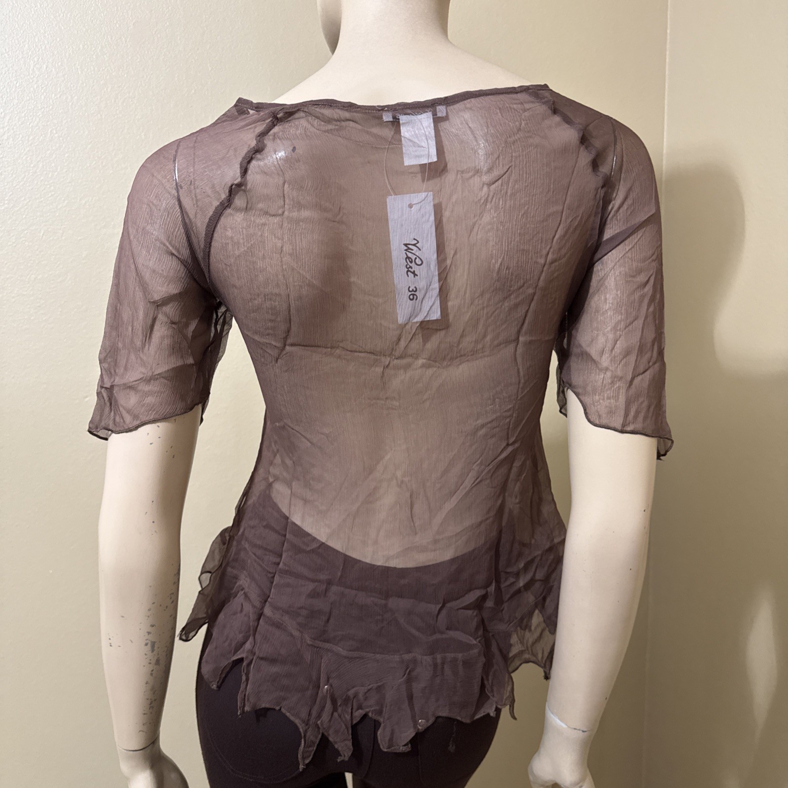 Women’s Brown Silk Casual Summer Sheer Beaded Embroidered Lace Size S Blouse Top