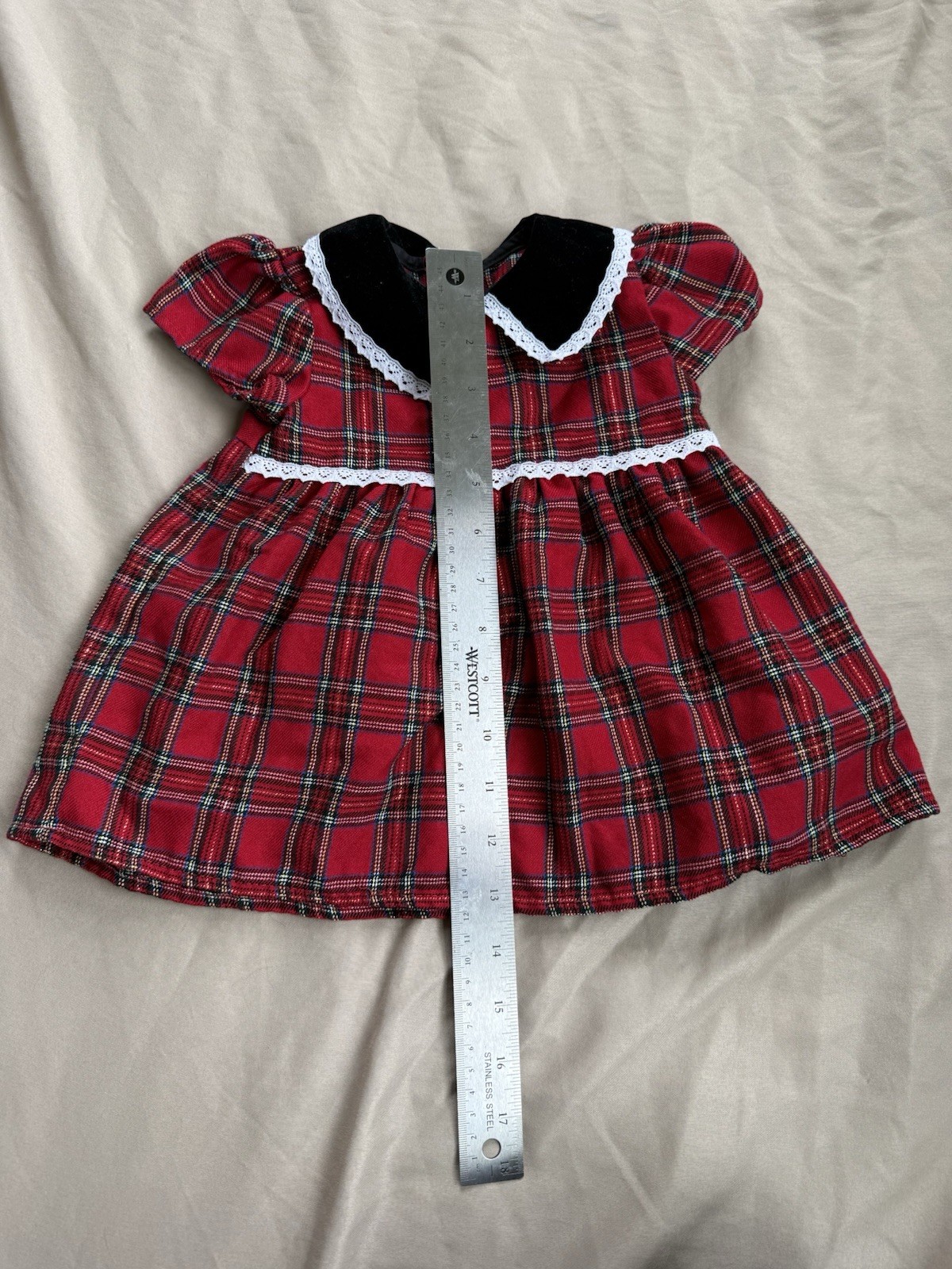 Youngland Toddler Red Plaid A-Line Dress Peter Pan Collar Lace Puff Sleeves