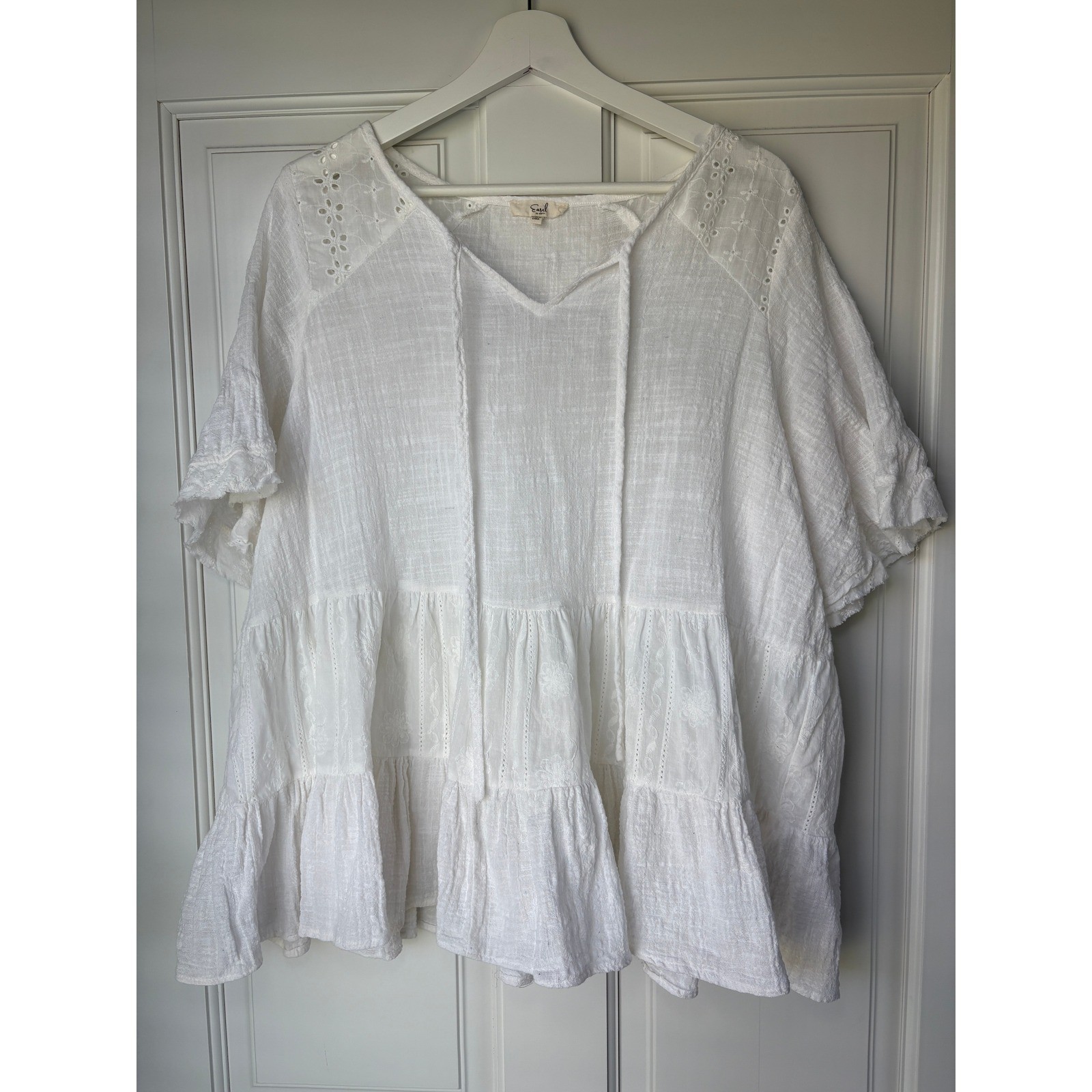 Easel Babydoll Top Large White Eyelet Embroidered Tiered Cotton Gauze Boho