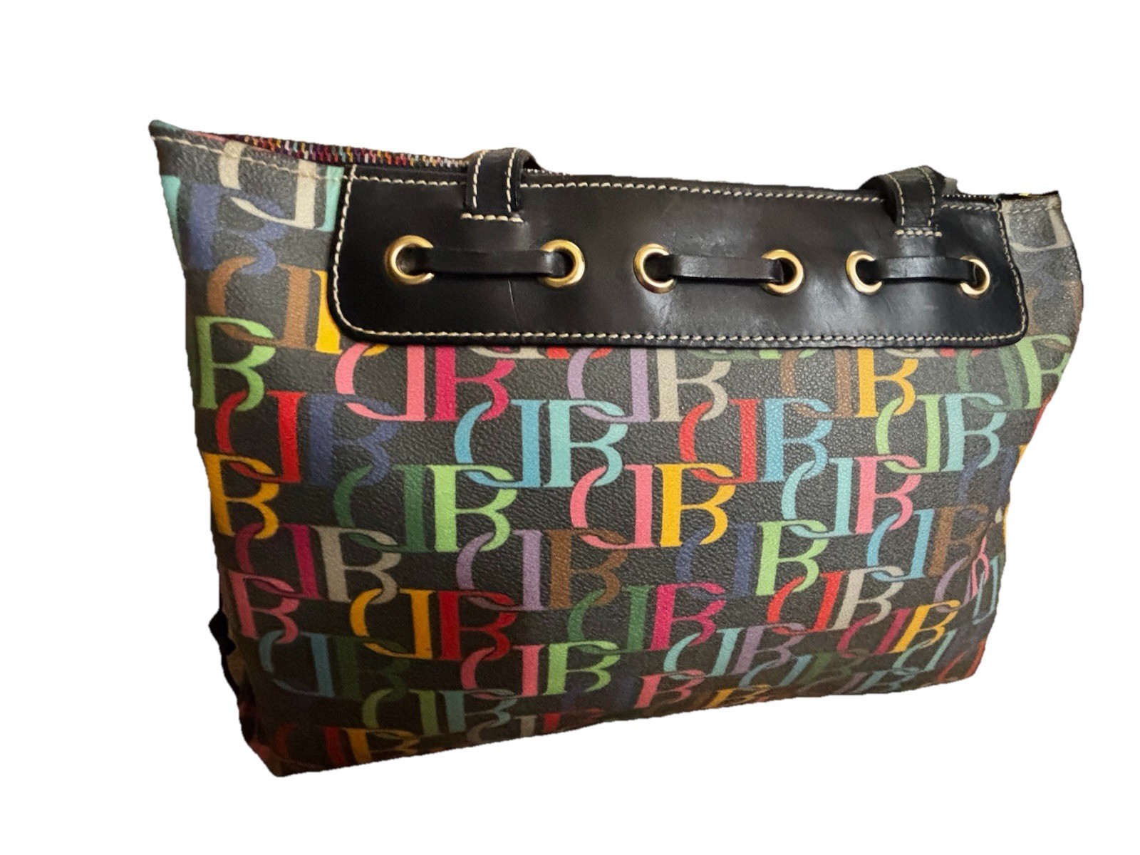 Dooney and Bourke Multi Color DB Monogram Black Canvas Tote Bag Heart Charm