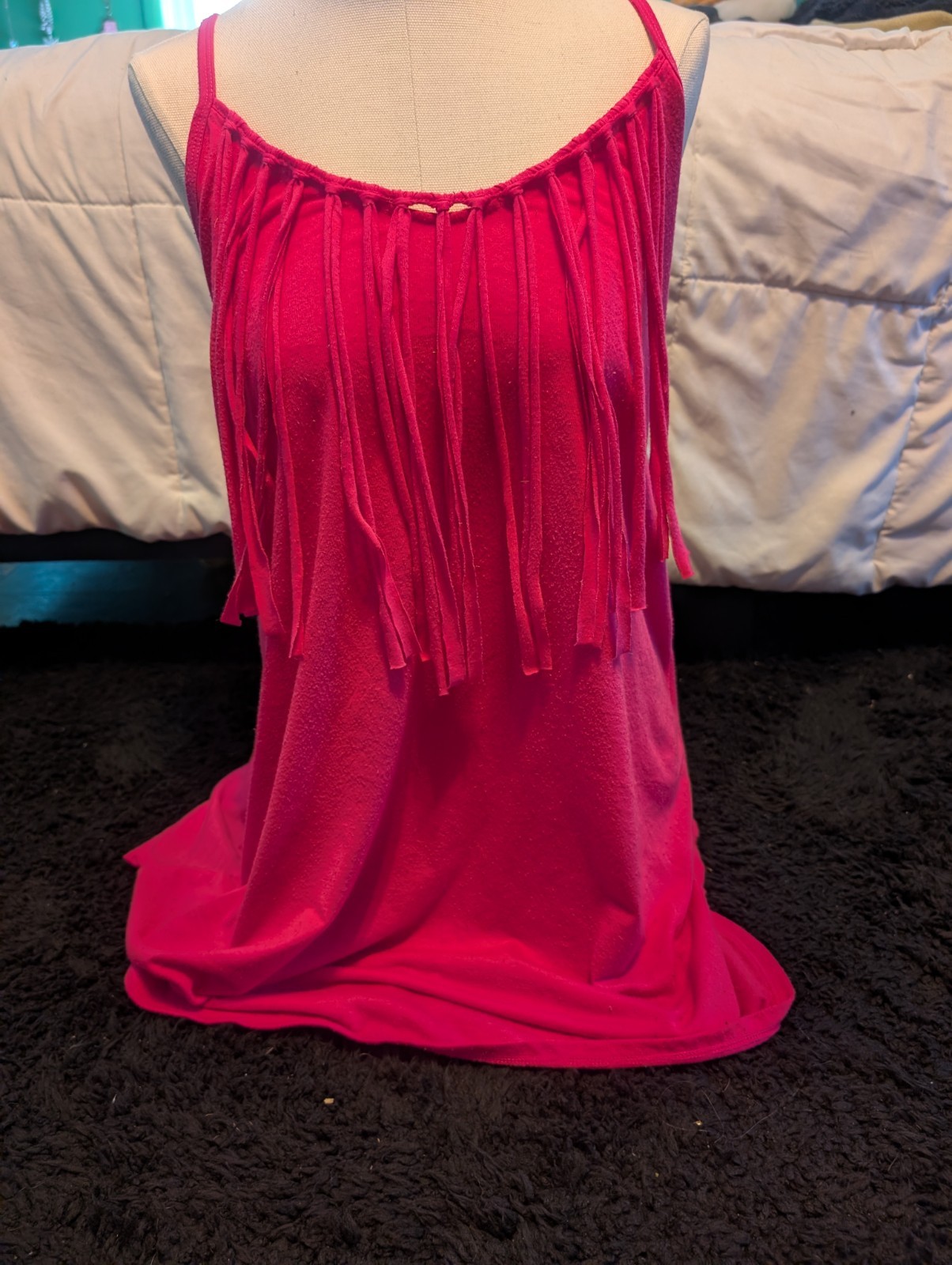 OP Fuchsia Chiffon Fringe Camisole Tank Top Spaghetti Straps Size M