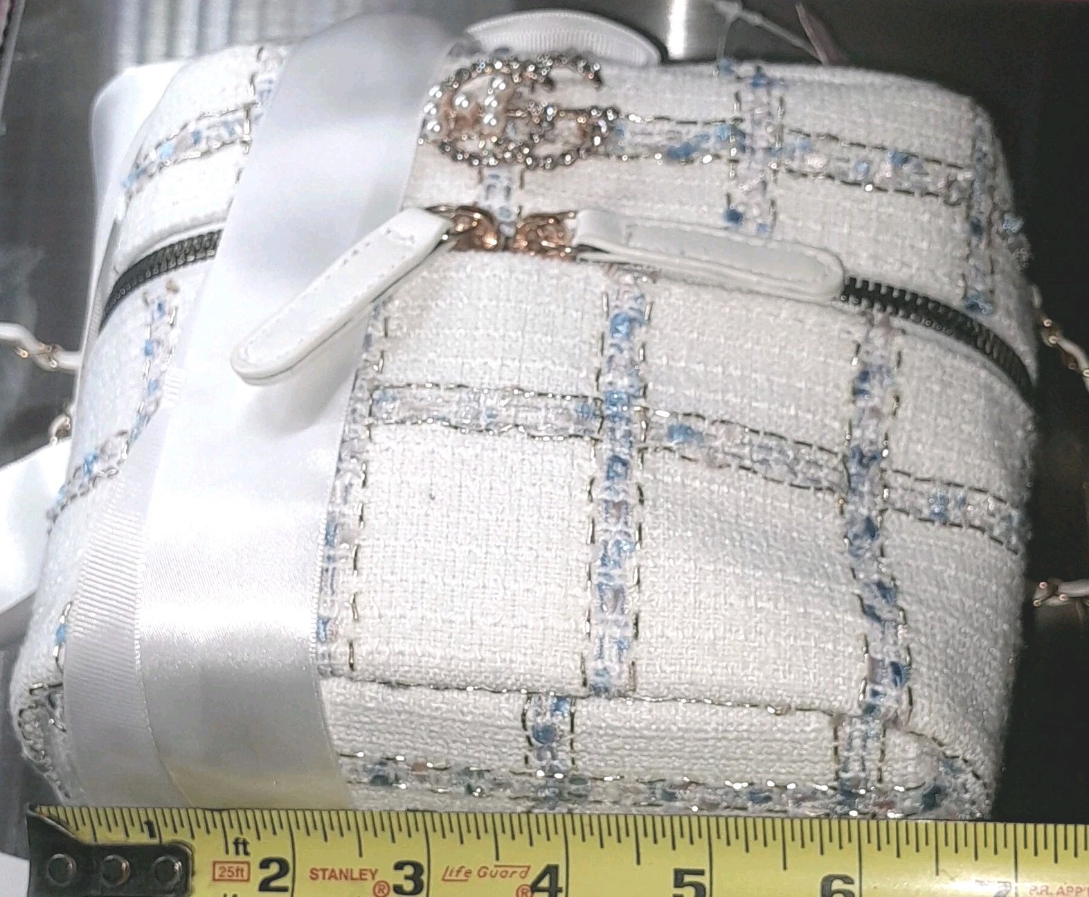 New White Blue Tweed Shoulder Bag with Bow, Rhinestone, Pearl, Gold Handcrafted