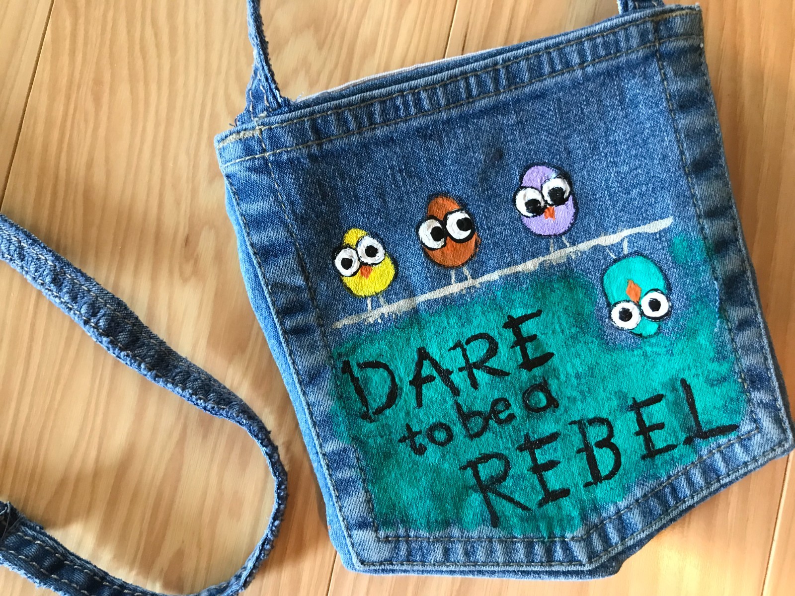 Crossbody Jean Purse, Handmade Over Shoulder Cell Phone Bag, Whimsical Birds