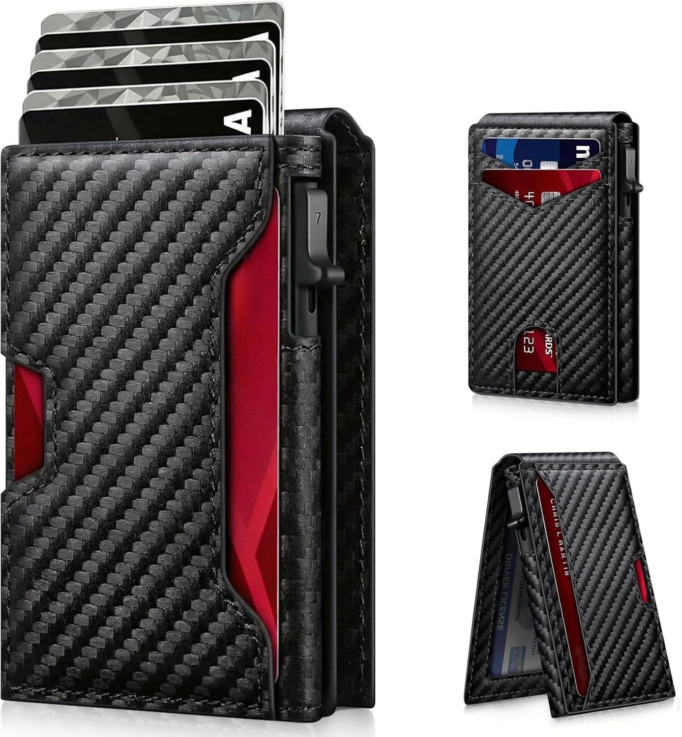 Men’s Slim PopUp Bifold Carbon Fiber Wallet, RFID Blocking, Money Clip, Men Gift