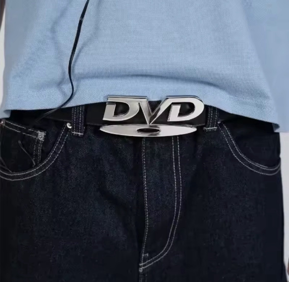 Men’s Black Solid Y2K Adjustable Belt w/ Silver-Tone DVD Logo Buckle