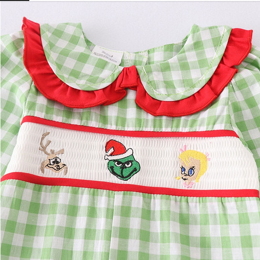 NEW Boutique Grinch Stole Christmas Baby Girls Smocked Embroidered Romper