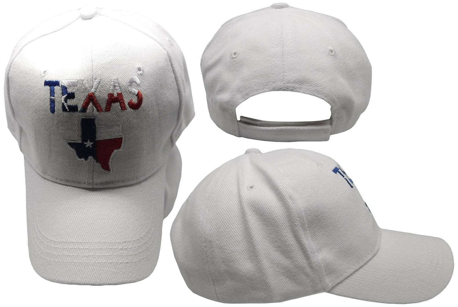 Texas Map (Texas Flag Overlay) White 100% Cotton Adjustable Embroidered Cap Hat