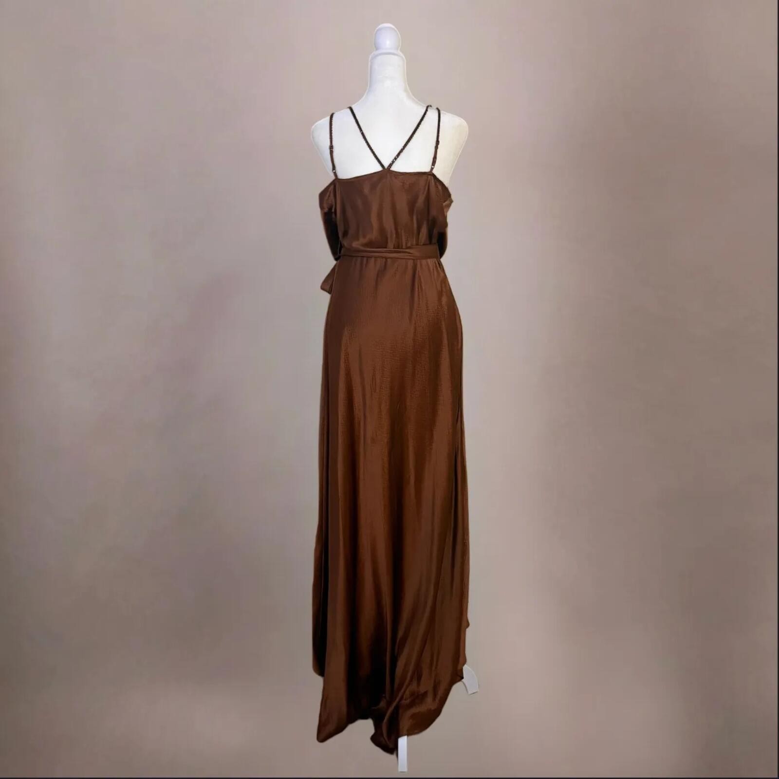 BCBG Copper Brown 100% Silk Wrap Beaded Ruffle Gown
