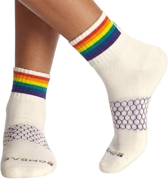 BOMBAS Women’s Pride Quarter Socks 5-Pack, White Rainbow Bee Proud Collection, M