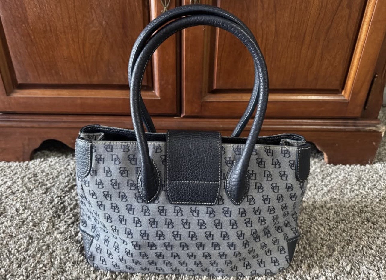 Dooney & Bourke Gray & Black Monogram CanvasBlack Leather Trim Shoulder Bag