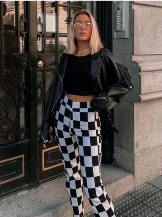 NEW Zara Checkered Pants Black White Large Block Ankle Cropped Straight Leg 5