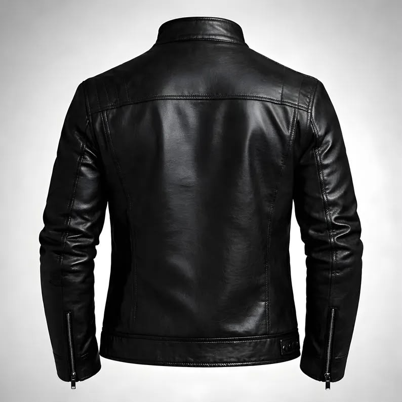 Men’s Black Leather Jacket Motorcycle Biker Zip Up Casual Slim Fit Coat