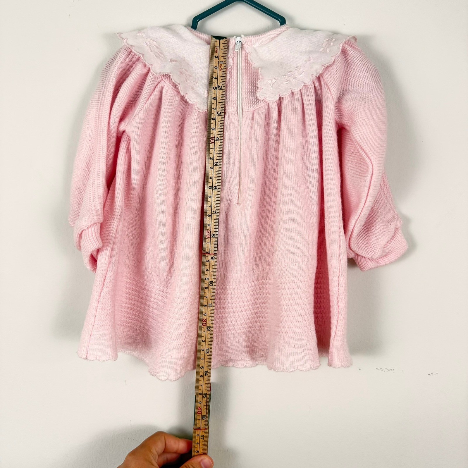 Vintage Bebe Kids Pink Knit Dress Embroidered Peter Pan Collar Long Sleeve 14in