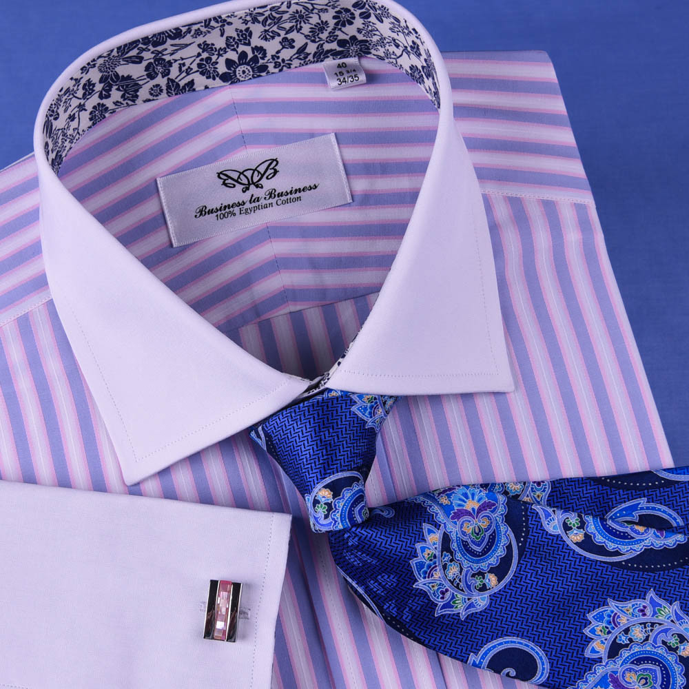 Pastel Multi-Colored Striped Dress Shirt White Poplin Contrast Cuff Business Top