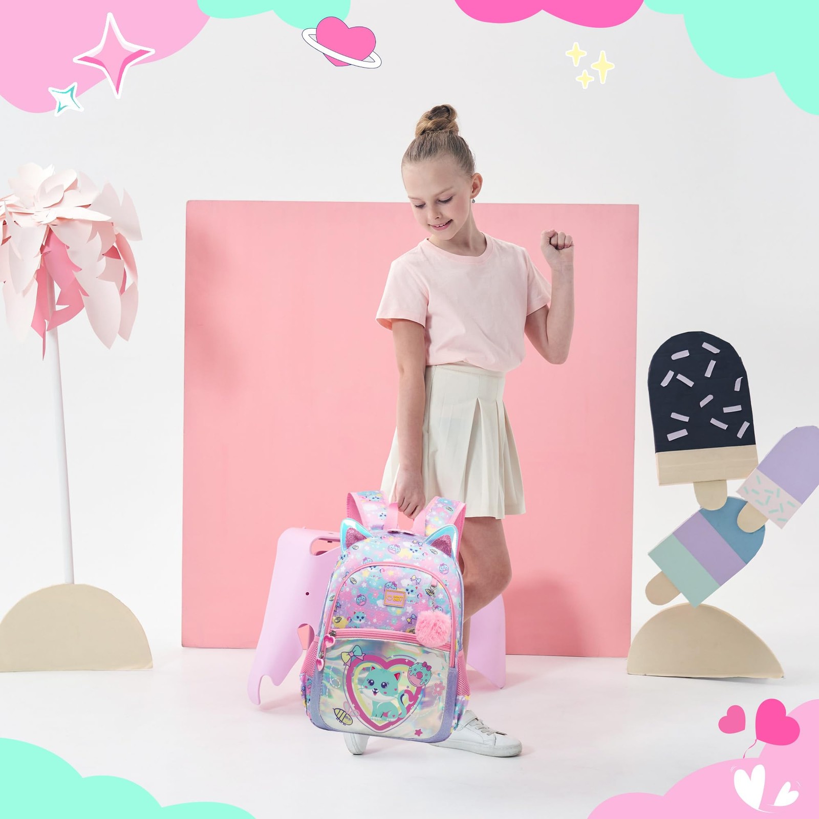 School Backpack for Girls Kids Backpacks for Girls Bookbag with Lunch Box Cat…