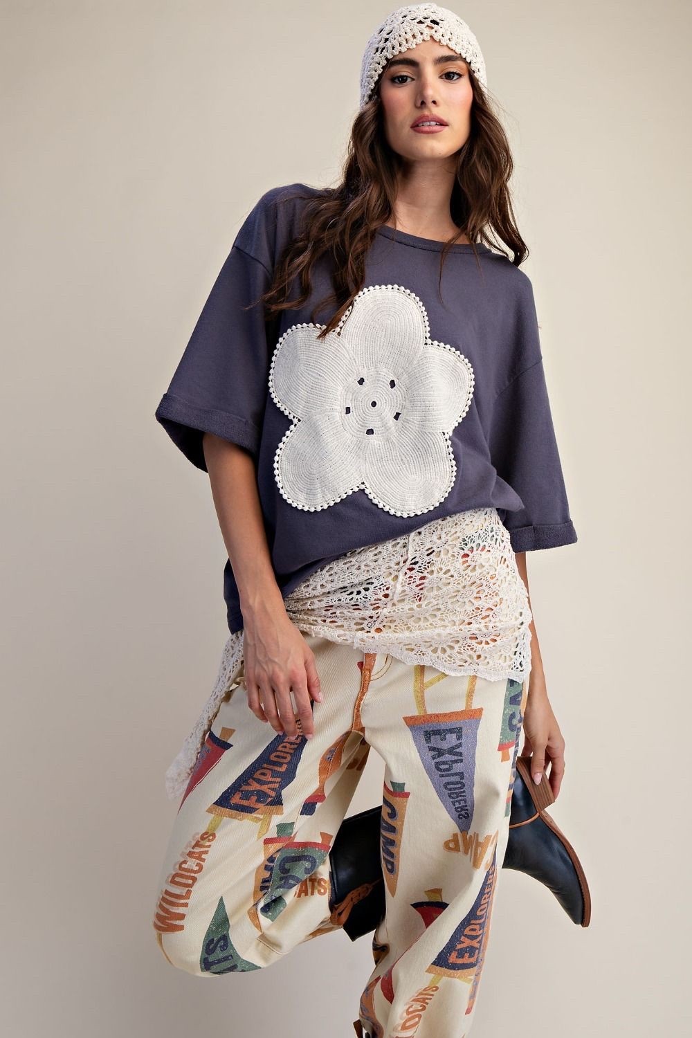 Easel Women’s Crochet Floral Patch Washed Knit Top in Blueberry