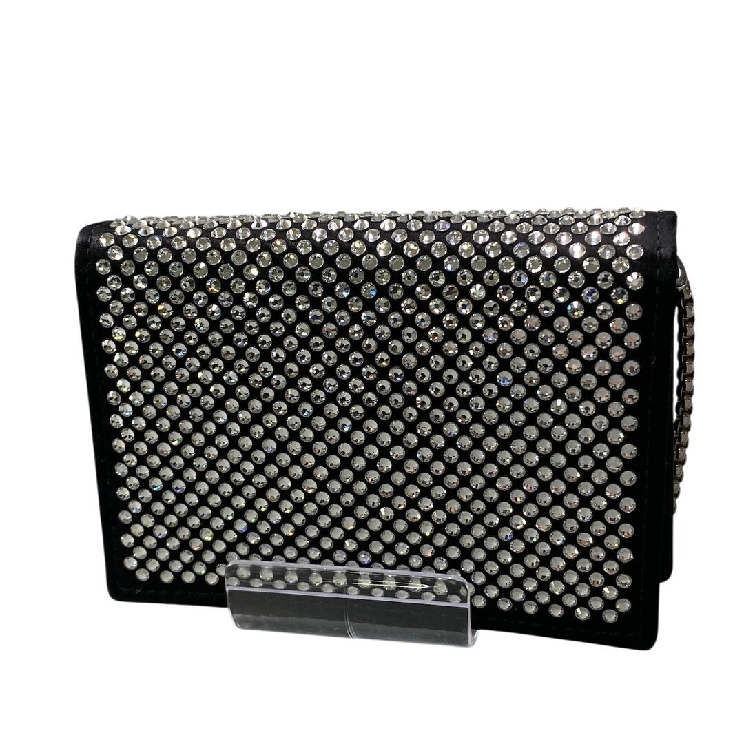 PRADA Rhinestone Flap Card Holder Mini Bag Black Silver Women TA1 Used AYAN-0