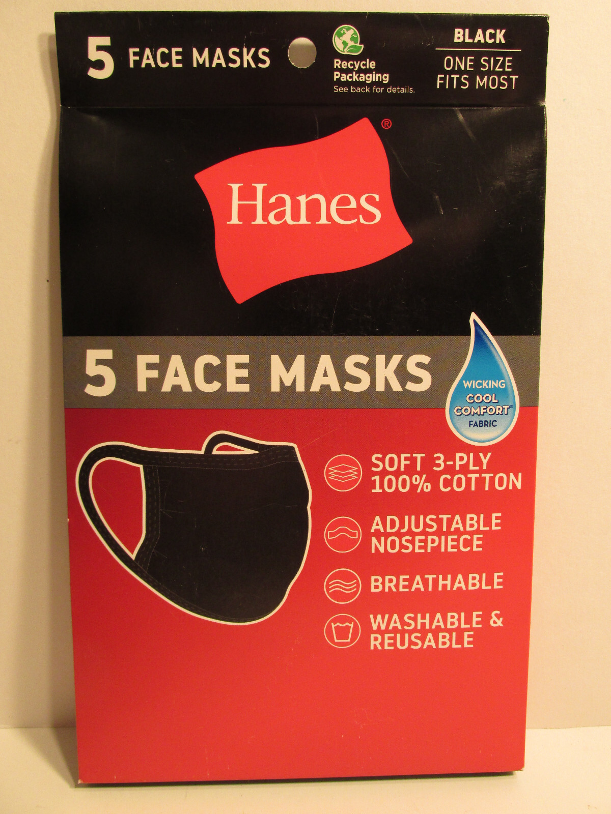 NEW SEALED ADULT HANES 5 PACK BLACK WASHABLE COTTON FACE MASK MASKS ~FAST SHIP!