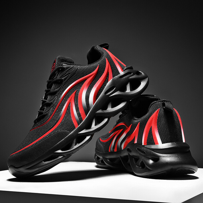 Men’s Flame Printed Sneakers Flying Weave Sports Shoes Lace-up Breathable Shoes