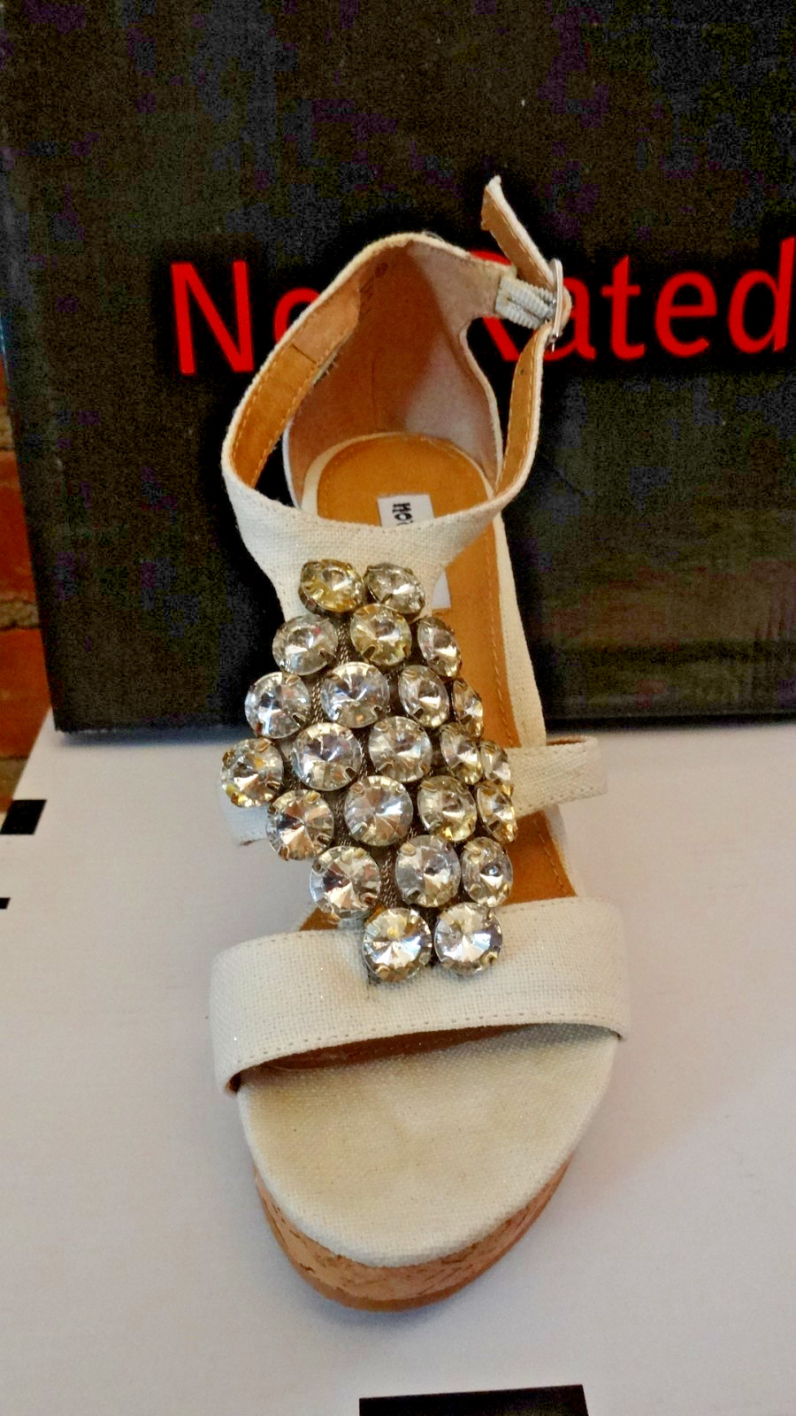 Not Rated Treasure Chest Cream Rhinestone Wedge Sandals 6.5M w Box